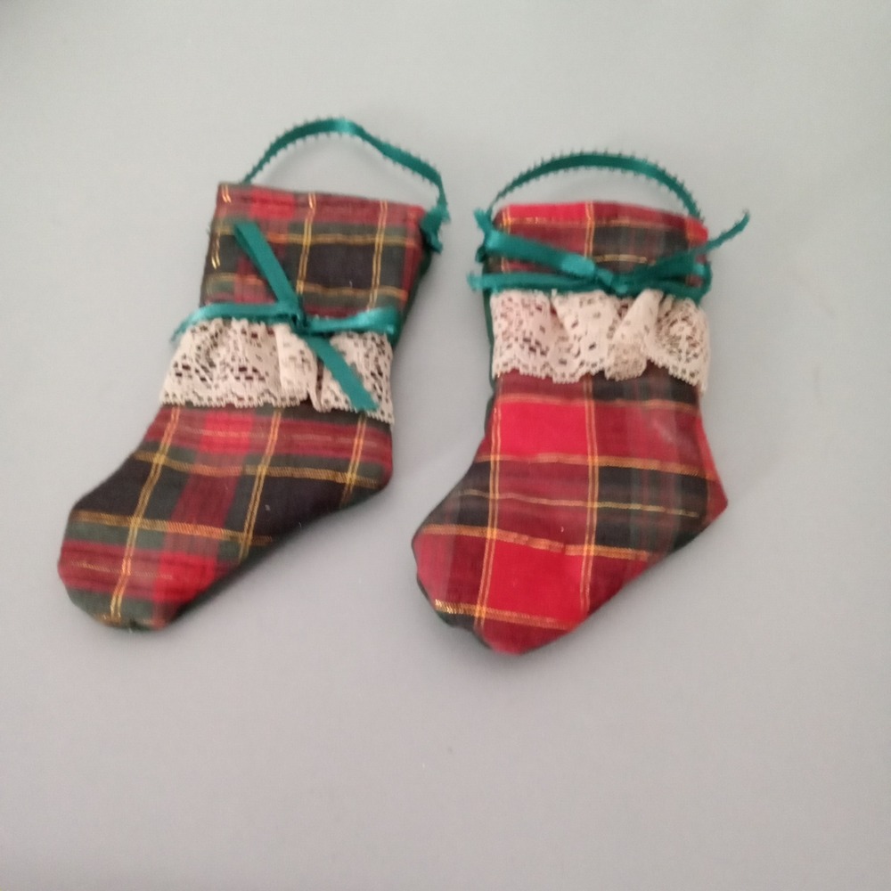 Vintage Plaid Mini Christmas Stocking Ornaments Set of 2 Red Green Gold Lace